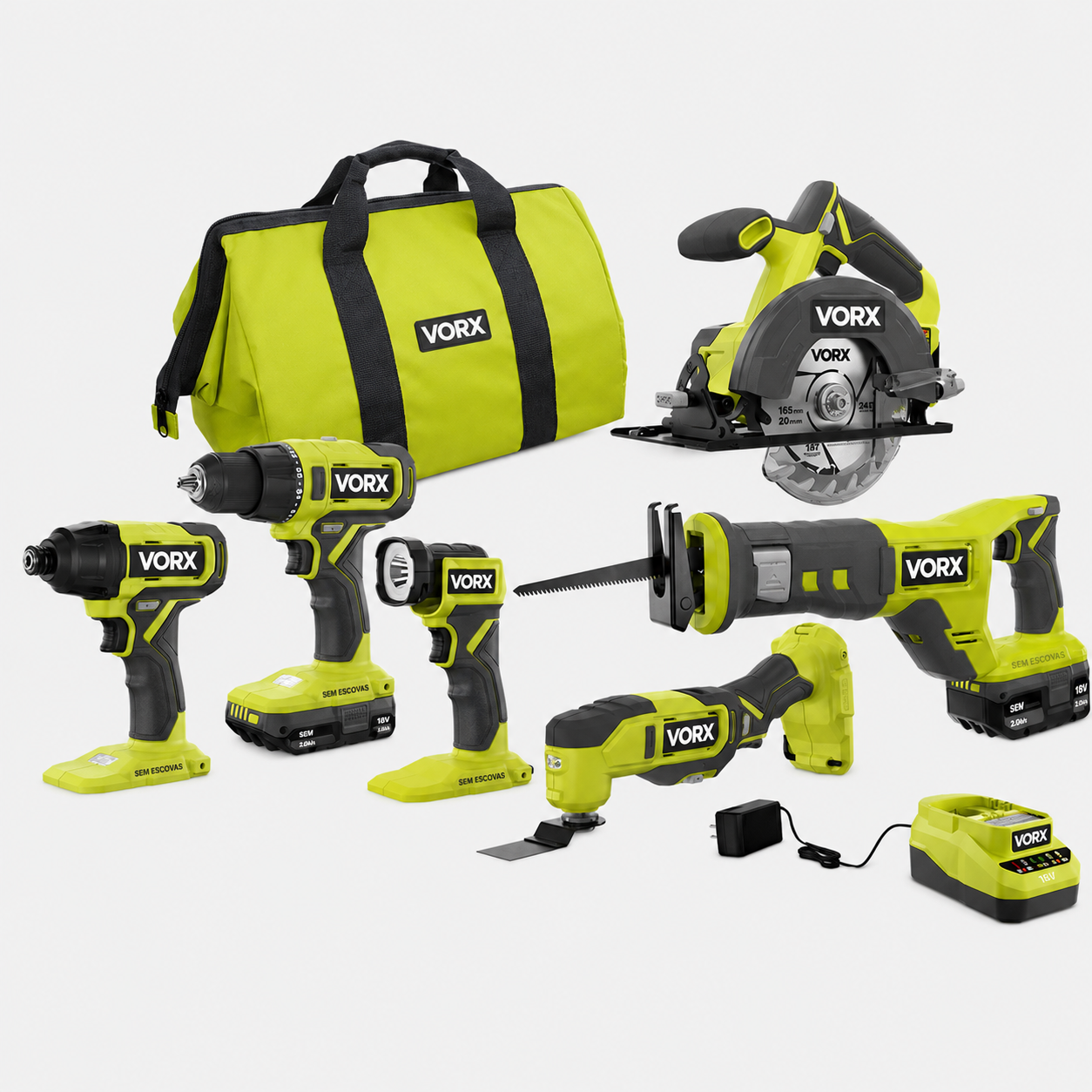 Kit VORX 18V VORX+ com 6 Ferramentas Sem Fios, 2 Baterias, Carregador e Bolsa